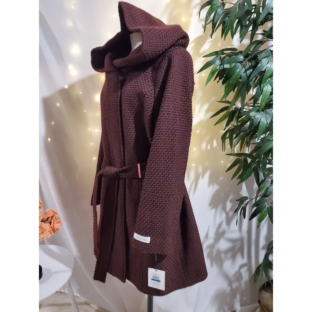 Calvin Klein NWT Woven Belted Hooded Zip Mid Length Coat Womens Size XL Plum